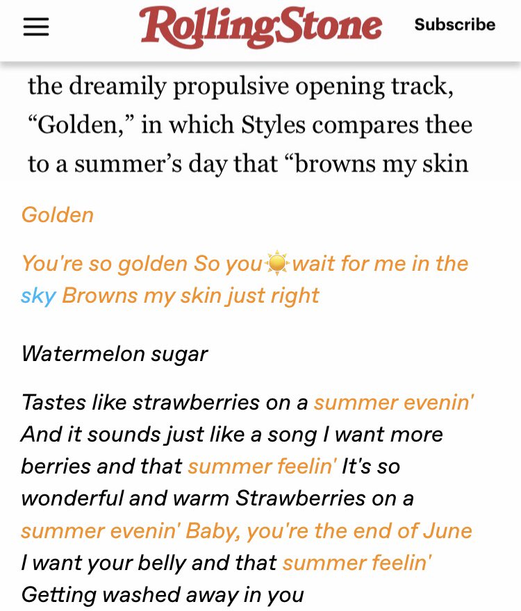 Olivia  Golden  Wms are linked by the way that Harry compares his loved one/lover (yes, only one lover. I'm not repeating myself: Harry writes his most emotional songs for one listener only) to a summer day & to the literal sun Even RS made a reference to S.