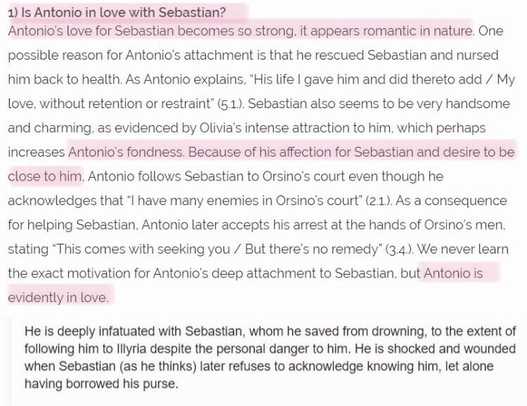 But Olivia isn't the only important character of this gigantic play. Let me introduce Antonio and Sebastian. As one might guess if one's not blind, it's astory. Antonio is in love with Sebastian. ~fondness, desire to be close...~
