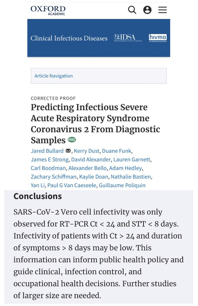 A study published by scientists from Public Health Canada/National Microbiology Laboratory found that when a  #PCR was run at 24 cycles or below, the  #positive  #test meant the person is actually infectious with  #virus. #COVID19  #Coronavirus  #pandemic  #Canada  #covidontario  #data