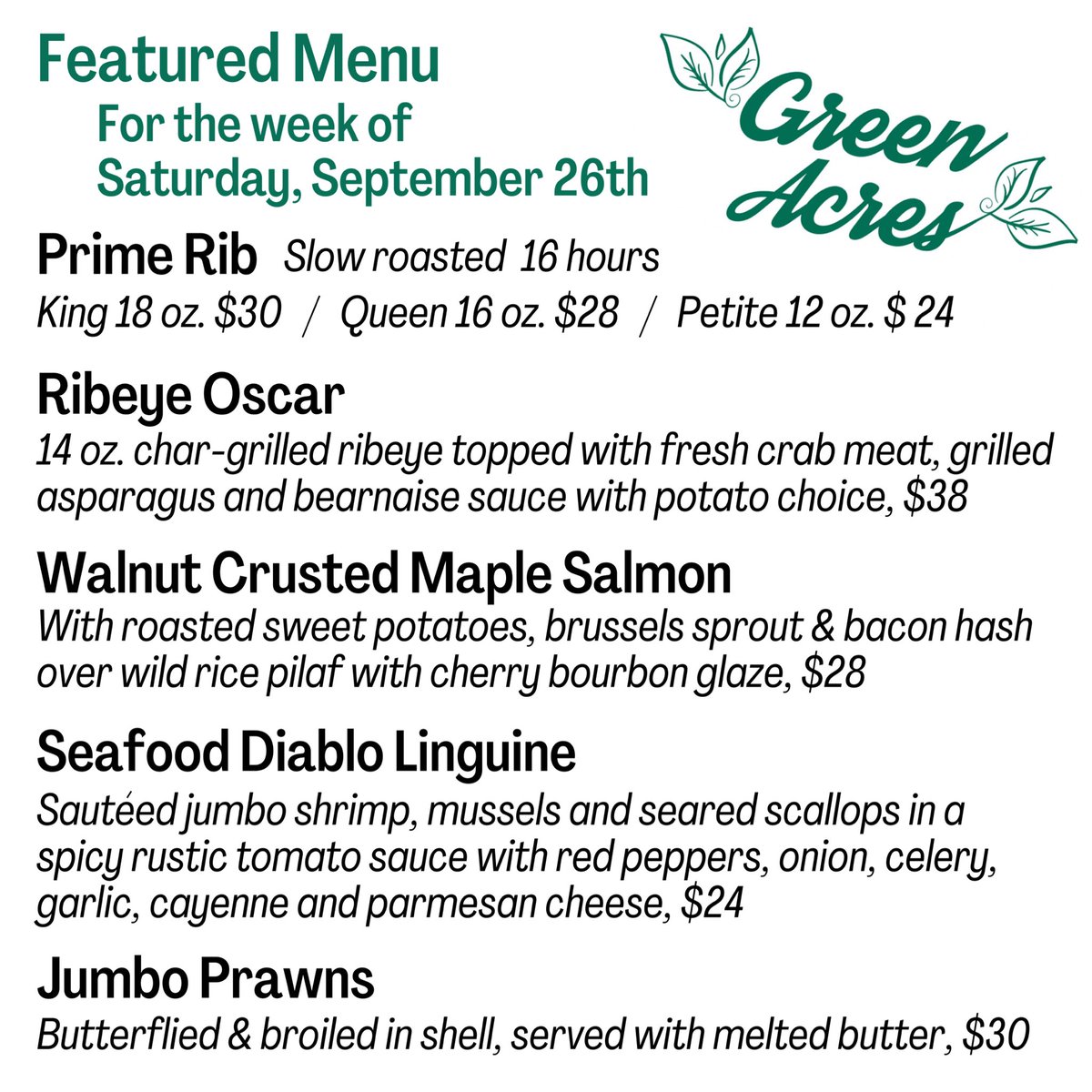 GreenAcresSP's tweet photo. Prime Rib and so much more! 
Our famous slow roasted Prime Rib available six nights a week. Slow roasted 16 hours for tender, flavorful perfection. 

#greenacres #supperclub #primerib #oldfashioneds #saukprairie #fermentationfest https://t.co/cTPRuW9iat