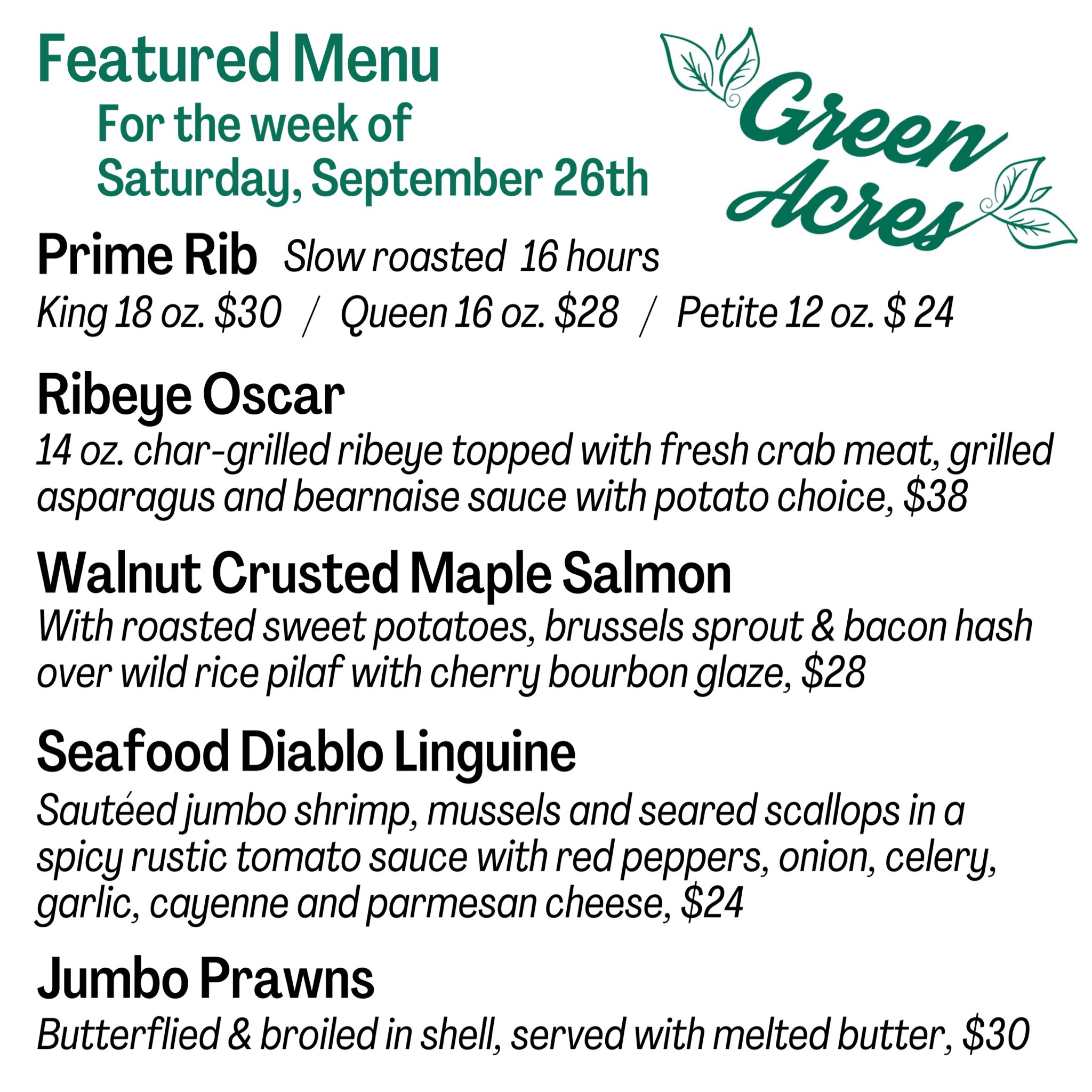 Green acres menu deals