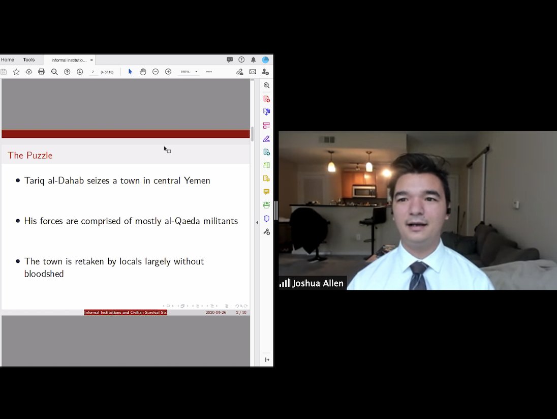 We're starting our final panel "Dilemmas of Everyday Politics" with  @joshuallen17 's research on how informal institutions shape the behaviour of non-combatants and militant groups. Looking at  #Yemen, he suggests several factors that shape civilian choice in civil wars. 18/x