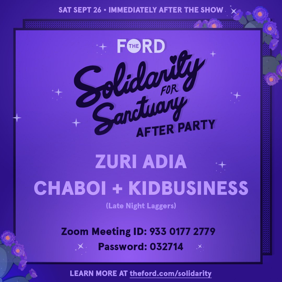 After Solidarity for Sanctuary, don't forget to join us for the after party on Zoom with Zuri Adia (<a href="/cocopandulce/">Zuri🌹Adia</a>) and <a href="/LNLaggers/">Late Night Laggers</a>. ⚡️🎶

Learn more: bit.ly/SFS_Ford