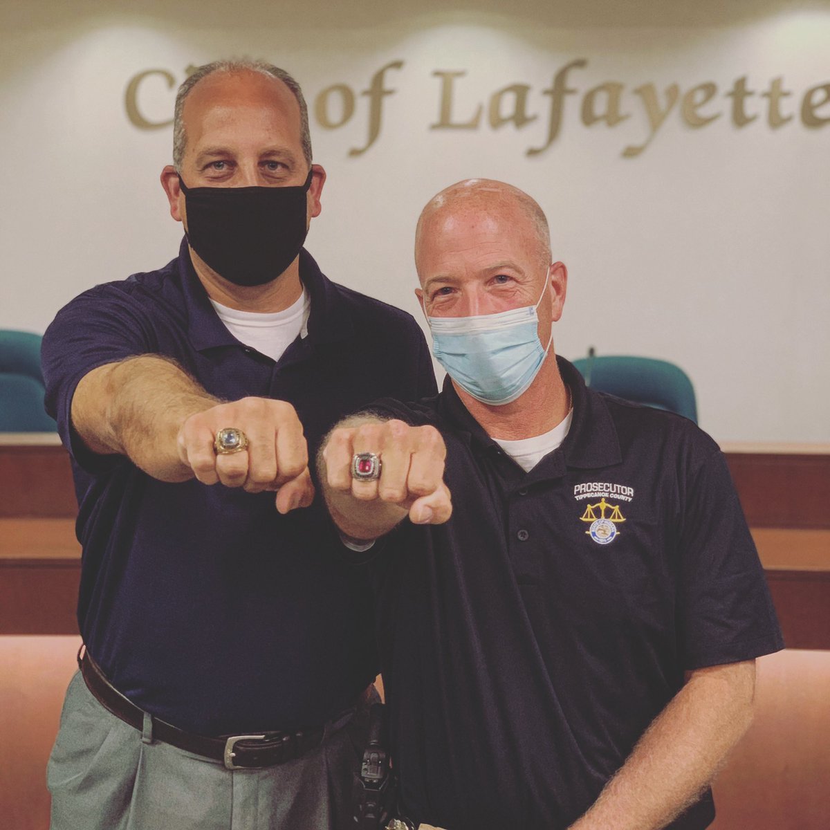 LafayetteINPD's tweet photo. Congratulations to retired Lt Scott McCoy and Sgt Jeff Clark 👏👏 Your new retirement rings look good on you! 

 #congratulations #retirement #police #leaders #serveandprotect #lafayetteindiana #saturdayvibes https://t.co/7OWM3pEO0V