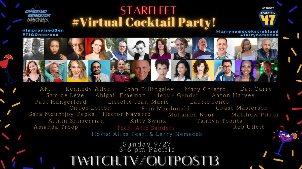 1) Our virtual  #StarfleetCocktailParty is TOMORROW, Sunday, Sept 27, 3-6 pm PST! And you're all invited! Live streaming on the  @_outpost_13  #Twitch channel. Here's a run down of the wonderful  #StarTrek guests you'll see at the party... OPEN A CHANNEL (aka THREAD BELOW)