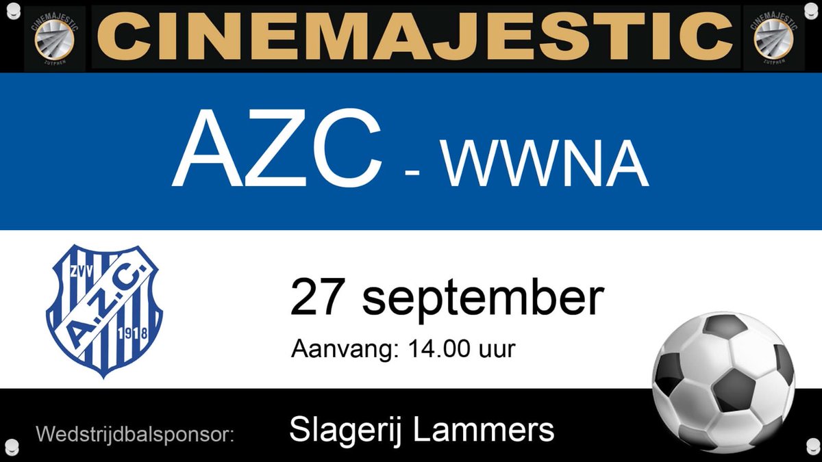 Komende zondag neemt AZC 1 het thuis om 14:00 op tegen WWNA 1.

De wedstrijdbal wordt deze middag aangeboden door Slagerij Lammers.
slagerijlammers.nl