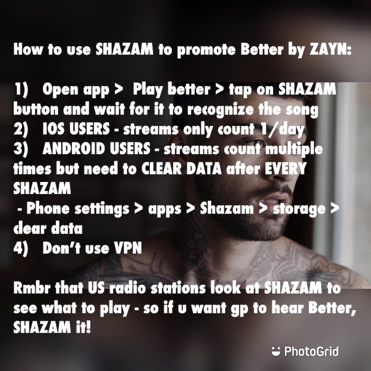 SHAZAM guidelines for BETTER by ZAYN