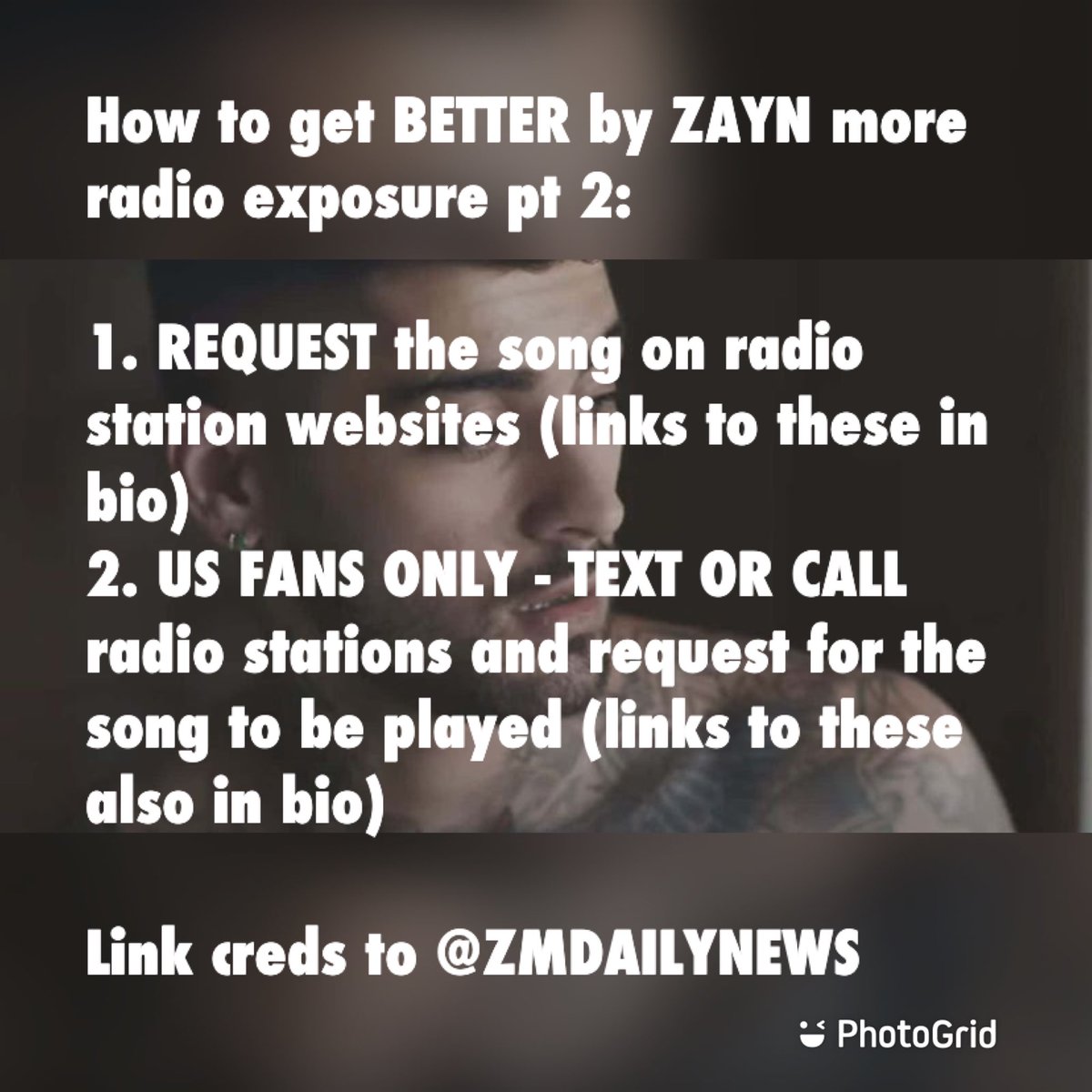 Radio request rules for BETTER by ZAYN (linked mentioned in bio)