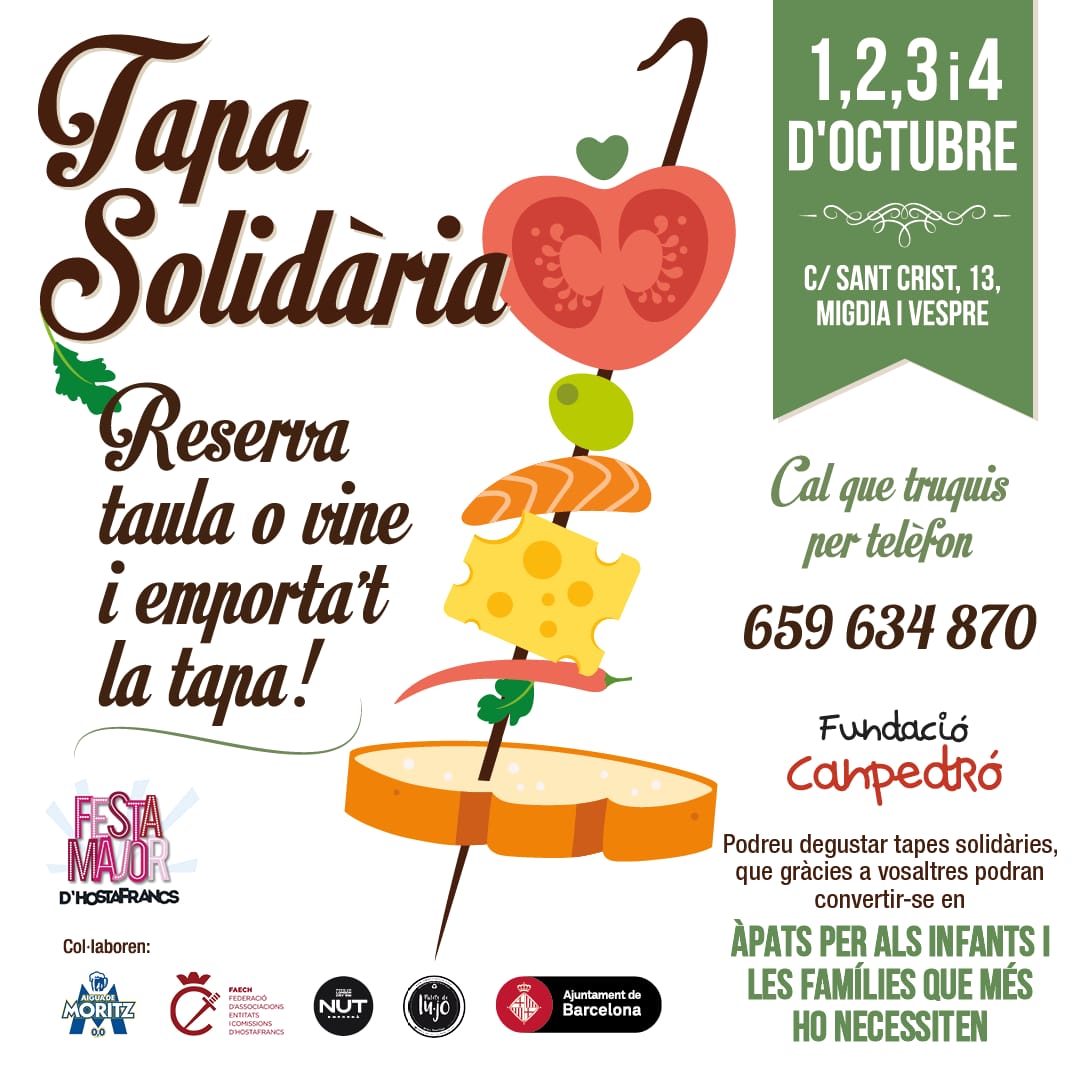 centrecanpedro's tweet photo. Torna la #TapaSolidària de #Canpedró! Amb més menjar, més música i bon beure!
🤲Ajuda'ns a ajudar!
📢 De l'1 al 4 d'octubre.
😷 Amb totes les mesures sanitàries necessàries.
☎️ Truca i reserva: 659 634 870
👜Opció "per a emportar"
#FMHostafrancs #Barcelona #Sants https://t.co/m48Fpopd5n