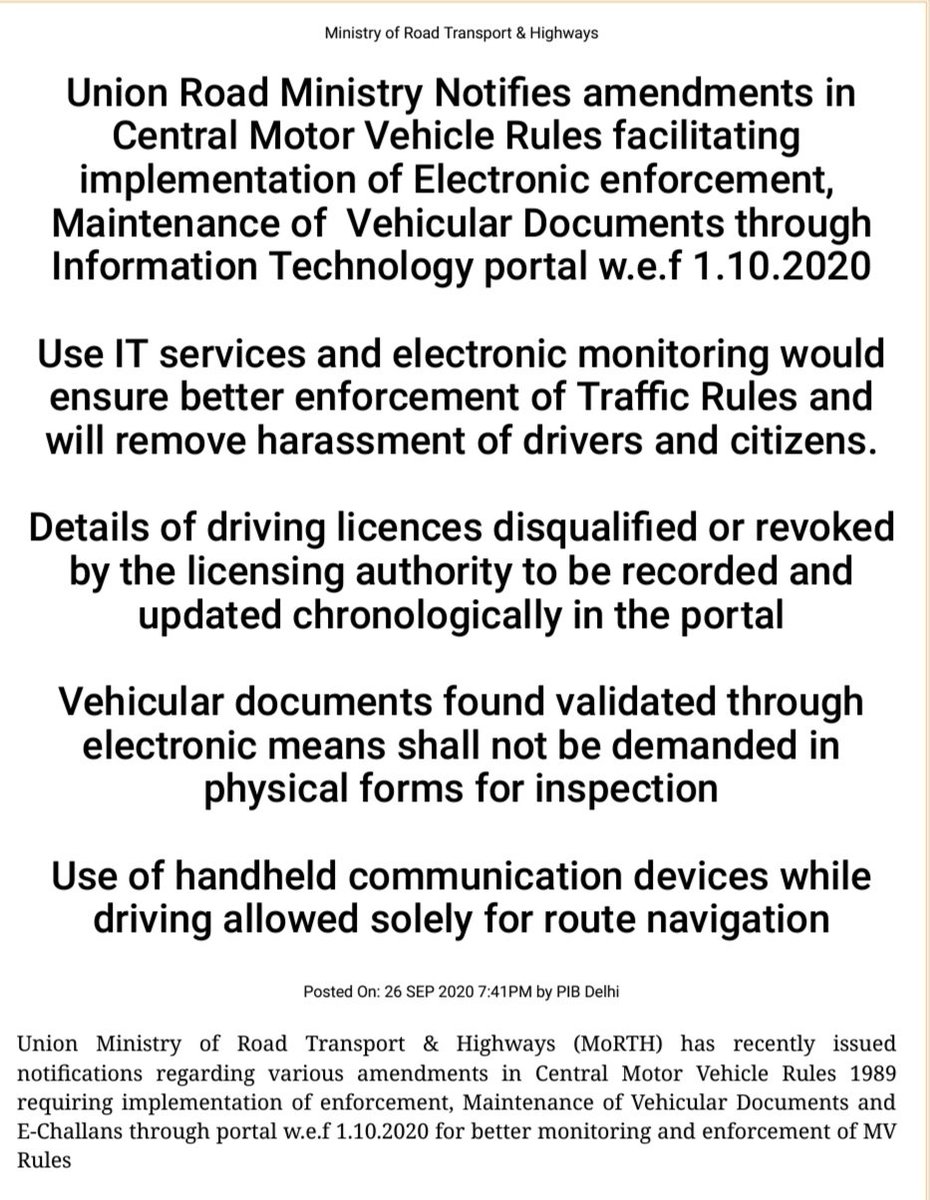 h_pongilath's tweet image. #MoRTH  amend  #CMVR facilitating  implementation of Electronic enforcement in  #vehicle Docs. through IT portal w.e.f 1.10.2020.
✓Vehicular documents validated thro electronic means,NOT to demand in physical forms
✓Use of handheld communication devices for route navigation.