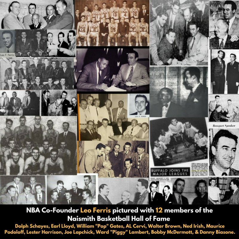 Here is Leo Ferris pictured with 12 players/coaches/executives that would become  @hoophall Hall of Famers; Earl Lloyd, Al Cervi, Pop Gates, Maurice Podoloff, Walter Brown, Ned Irish, Dolph Schayes, Piggy Lambert,Joe Lapchick,Les Harrison, B. McDermott & Danny Biasone.Why not Leo?