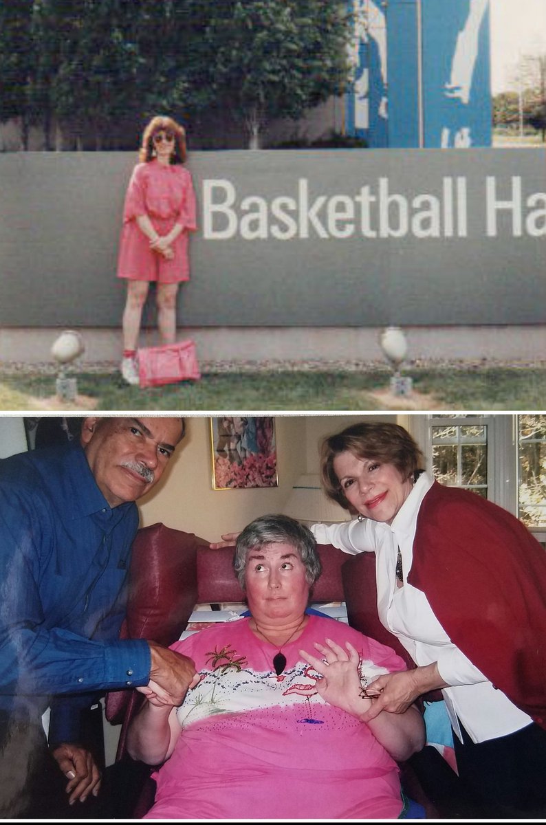 Leo's daughter Jamie inherited Huntington's.Even as disease began stripping away her muscle function, she helped her mother Beverly with campaign to get Leo Ferris recognized. Here she is at the Naismith HOF & then later on a few yrs before her death in 2014 at age of 53.