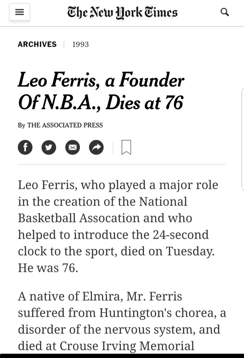 So here we are 27 yrs after Leo's passing still waiting for  @Hoophall recognitionRead his NYT obit, AP & Boston Globe crediting Leo for:- Co-creating the NBA - Founding the Atlanta Hawks -His innovative halftime shows -The shot clock that "saved"& "helped transform" the game.