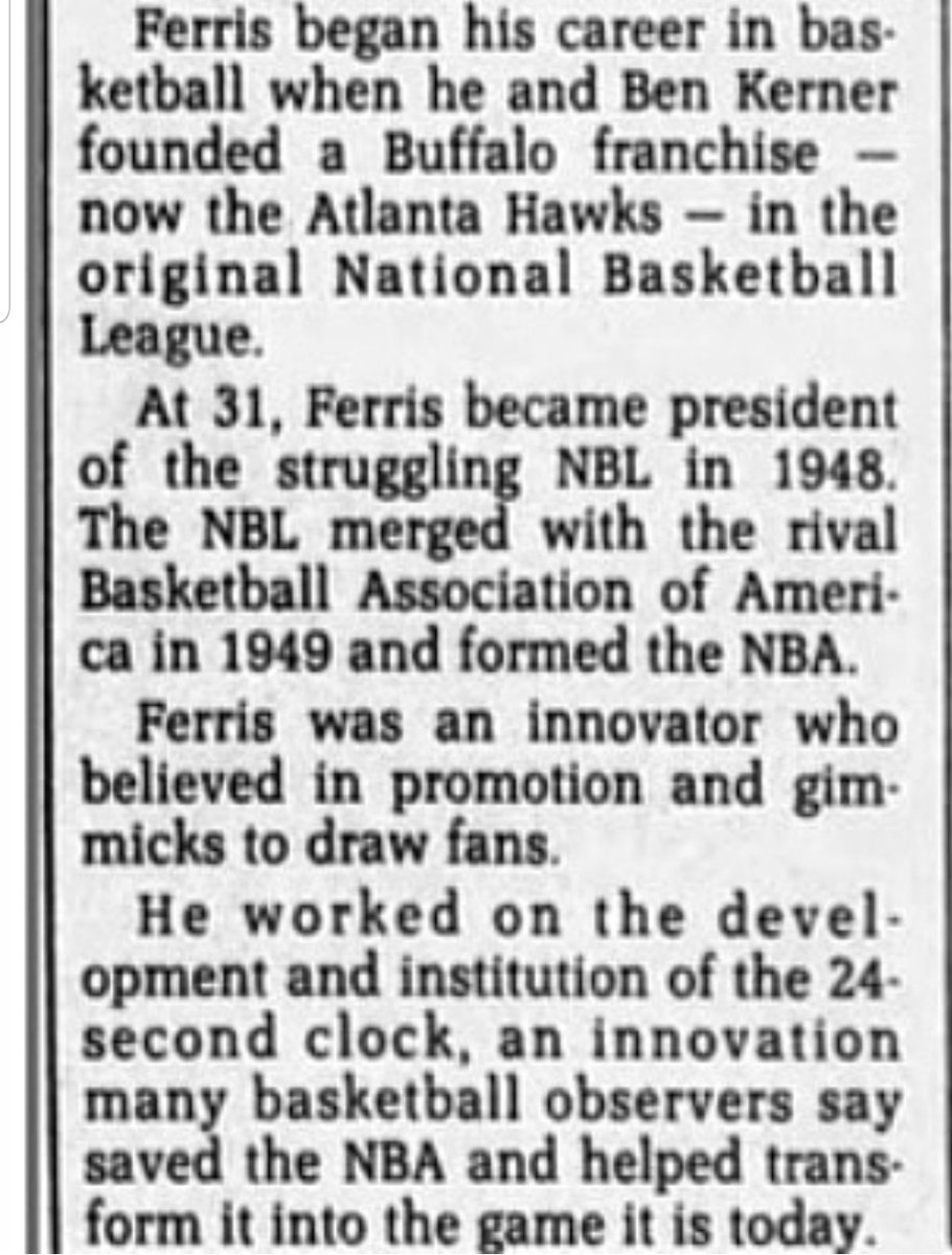 So here we are 27 yrs after Leo's passing still waiting for  @Hoophall recognitionRead his NYT obit, AP & Boston Globe crediting Leo for:- Co-creating the NBA - Founding the Atlanta Hawks -His innovative halftime shows -The shot clock that "saved"& "helped transform" the game.