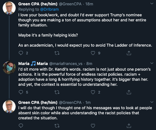 It's some bittersweet humor when a well-meaning liberal tries to read their own well-meaning tolerance into Dr. Ibram X. Kendi.Like, no. Kendi is a racial arsonist. He's not saying what you want him to say. https://twitter.com/GreenCPA/status/1309920172468207619
