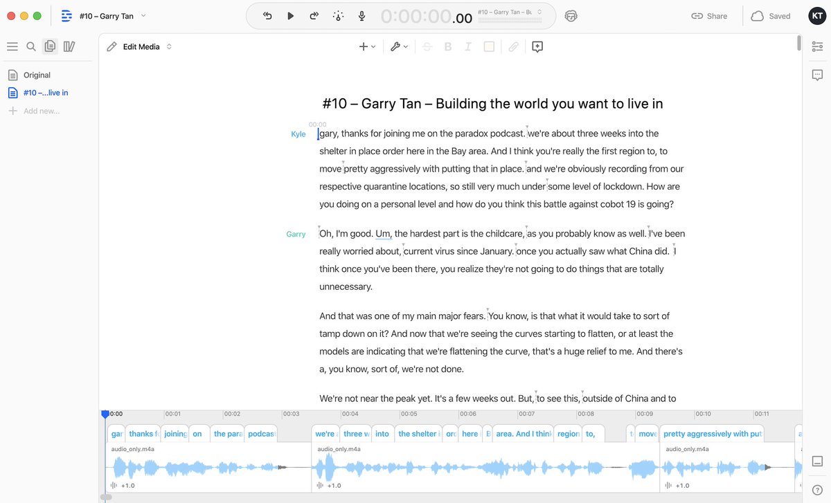 Now let’s talk software. Once you’ve got your raw audio file, it’s time to edit. The best editing software that I’ve come across by far is  @DescriptApp. It automatically converts your entire conversation into a Word doc-like script you can modify and then export in minutes.