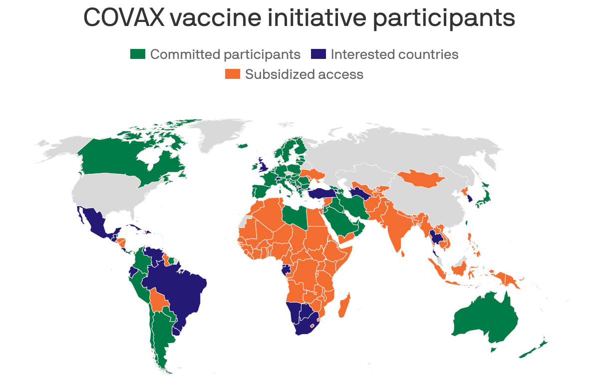  There was one major announcement on the sidelines of UNGA: A global initiative to ensure equitable distribution of coronavirus vaccines now involves two-thirds of the world's population — but not the U.S., China or Russia.  https://www.axios.com/covax-vaccine-iniative-us-china-russia-6f6c76d7-ddd6-4bfb-92b4-c11bd27e0063.html?utm_source=twitter&utm_medium=social&utm_campaign=dd92620&utm_content=1100