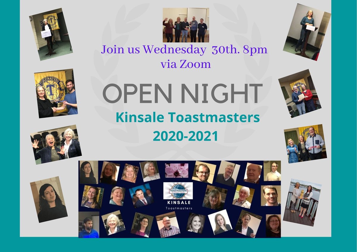 OPEN NIGHT WEDNESDAY 8pm, September 30th. ALL WELCOME to observe a meeting and glean an impression of what #Kinsale #Toastmasters has to offer you! Join Zoom Meeting us02web.zoom.us/j/89616668236...
Meeting ID: 896 1666 8236
Passcode: Kinsale  
Call Paula0872735970 if you have queries