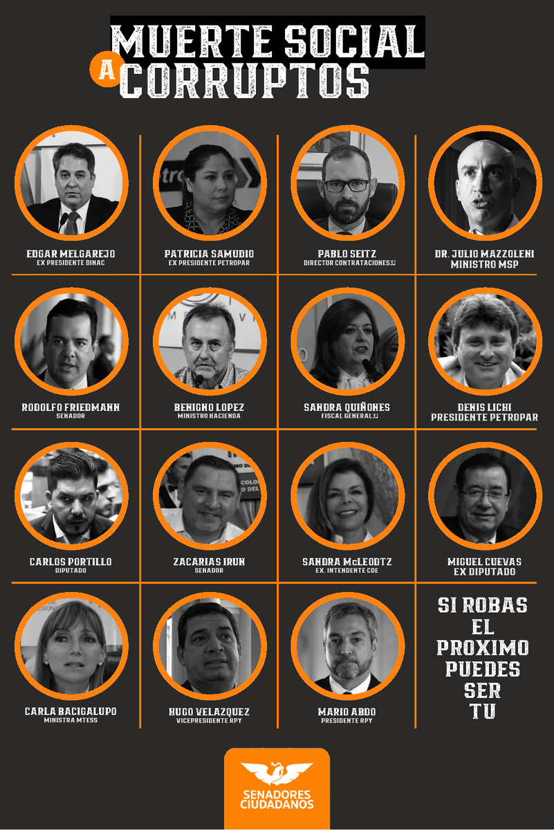 SenadoresP's tweet photo. #BastaDeImpunidad 

PERSONAS NO GRATAS EN PARAGUAY

Que no nos roben el futuro, que ya nos robaron el presente!!

@KattyaGonzalez9 @sebagar8 @carlitosrejala @RocioVallejoA @PortilloHJ @Aubar77 @BogadoMayor  
@chiqui_avalos @SenadoresPy @DiputadosPy @sebavillarejo @NadaQueCallarPY https://t.co/4PElESwMU5