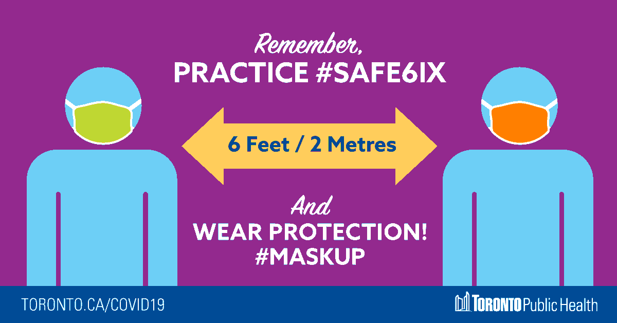 TOPublicHealth's tweet image. Are you practising #Safe6ix? As we continue living with #COVID19, it remains important to keep 6 feet from anyone you don't live with &amp;amp; wear your mask when you cannot maintain your distance &amp;amp; in indoor public places.