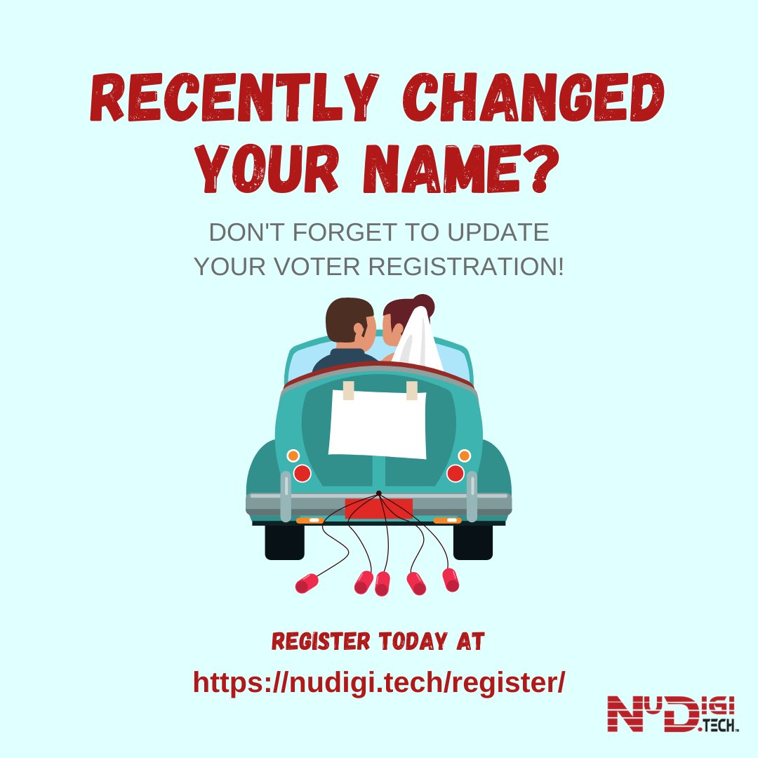 NudigiTech's tweet photo. If you have recently moved or changed your name ... don't forget to update your #VoterRegistration. Protect your vote by checking your status today!  #NuDigiTech #RockTheVote #YourVoiceMatters. ✍🏼 

Register https://t.co/bHID7sd3KF https://t.co/3oI03FBDVm