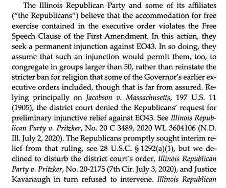 4/ to grant the party an injunction pending appeal of the merits review of the denial of preliminary injunction by the district court. Upon expedited merits review, the 7th Circuit let stand different & better treatment for houses of worship than for political parties.