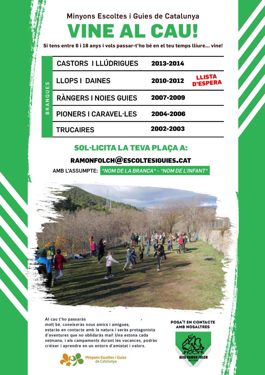 CauBellpuig's tweet photo. Atenció famílies!!

OBRIM INSCRIPCIONS ON-LINE

A l'AEIG Ramon Folch comencem el curs 2020/2021 amb moltes ganes però ens falta el més important, els vostres fills/filles!
Si hi esteu interessades, obrim el correu per a vosaltres.

Una abraçada a 1.5 metres,
L'Equip de Caps https://t.co/wCGNQfNwdO