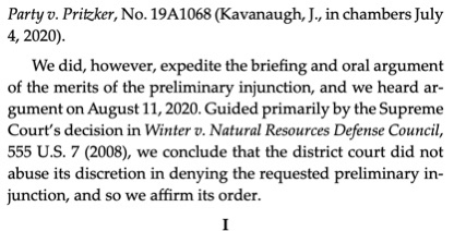 4/ to grant the party an injunction pending appeal of the merits review of the denial of preliminary injunction by the district court. Upon expedited merits review, the 7th Circuit let stand different & better treatment for houses of worship than for political parties.