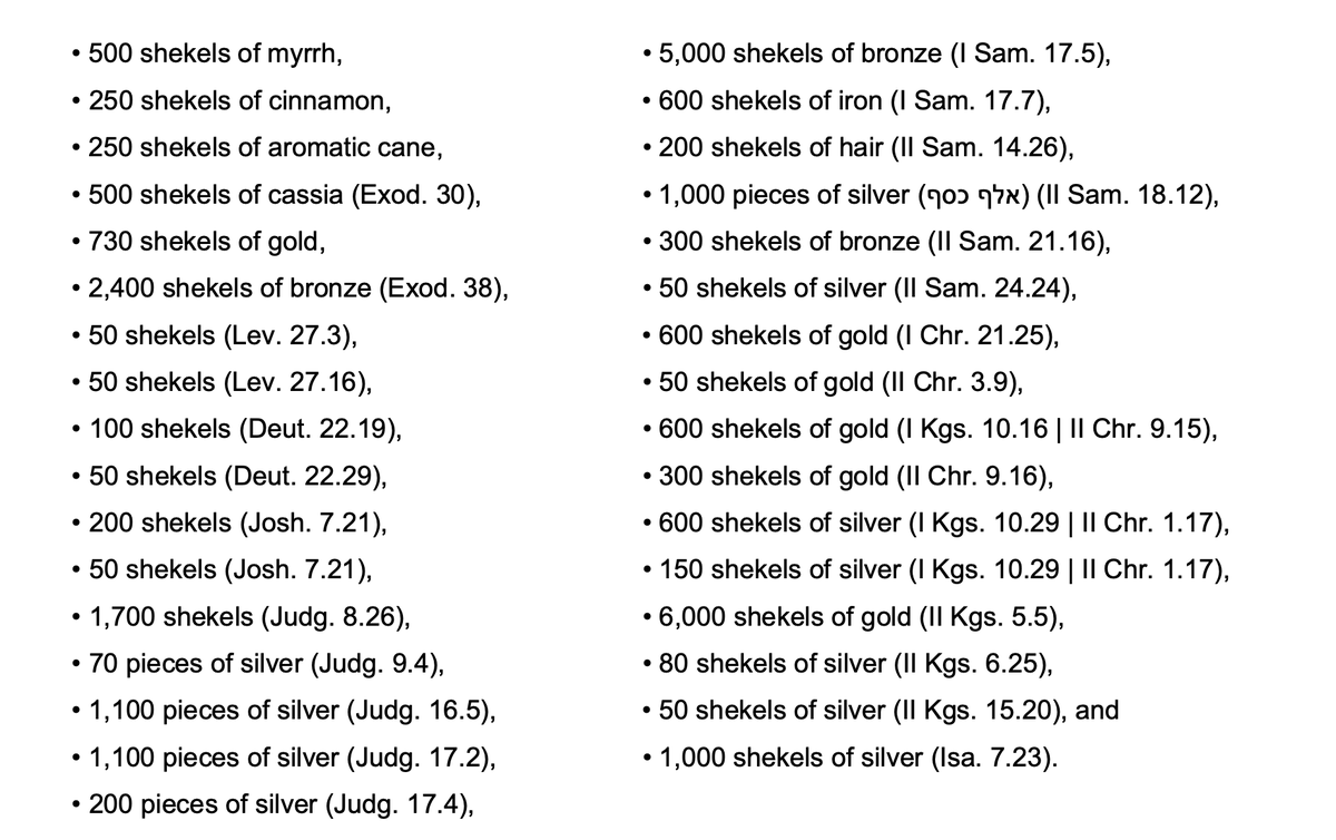 …while to weigh out 50 shekels of gold given a 50-shekel weight-stone would be very easy.Consider, then, the Bible’s references to weights of 50 shekels or more from the time of the exodus onwards: