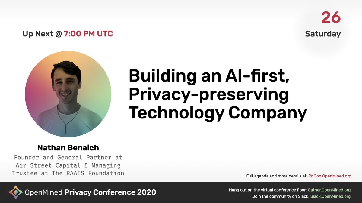 openminedorg's tweet photo. Next up... LIVE! at #PriCon2020
Nathan Benaich
You can still join here! https://t.co/bv86Wuy4L1
AGENDA Here: https://t.co/ynKKjI7ogc
#100DaysOfMLCode #100DaysofCode #Privacy #PriCon2020 https://t.co/tJDP3nL1gr