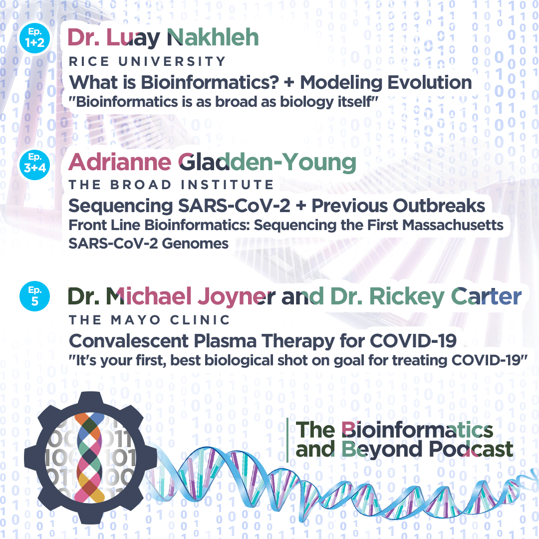The Bioinformatics and Beyond Podcast (@bioinfopod) on Twitter photo The Bioinformatics And Beyond Podcast has officially released! Check out our first batch of episodes featuring Dr. Luay Nakhleh, <a href="/agladdenyoung/">Adrianne Gladden-Young (she/her)</a>, <a href="/DrMJoyner/">Michael Joyner</a>, and <a href="/Rickey_Carter/">Rickey Carter</a>. Click to listen now on Anchor (anchor.fm/bioinfopod) and Spotify (open.spotify.com/show/6p4QwMsT6…). The Bioinformatics And Beyond Podcast has officially released! Check out our first batch of episodes featuring Dr. Luay Nakhleh, <a href="/agladdenyoung/">Adrianne Gladden-Young (she/her)</a>, <a href="/DrMJoyner/">Michael Joyner</a>, and <a href="/Rickey_Carter/">Rickey Carter</a>. Click to listen now on Anchor (anchor.fm/bioinfopod) and Spotify (open.spotify.com/show/6p4QwMsT6…).