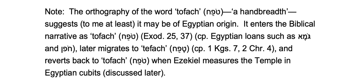 One example is the (ten-based) ‘ephah’, which is thought to derive from the Egyptian «ypt».Another is the ‘span’ (זֶרֶת = ‘zeret’), thought to derive from Egyptian «ḏrt».