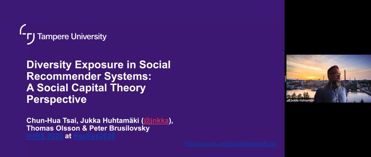 peterpaws's tweet photo. Jukka Huhtamäki presents #RecSys2020 #IntRS2020 workshop paper "Diversity Exposure in Social Recommender Systems: A Social Capital Theory Perspective" - this is a result of collaboration started during Jukka's visit to @pawslab 
https://t.co/n3ZiuOoYVl https://t.co/w4S0ys0ZPR