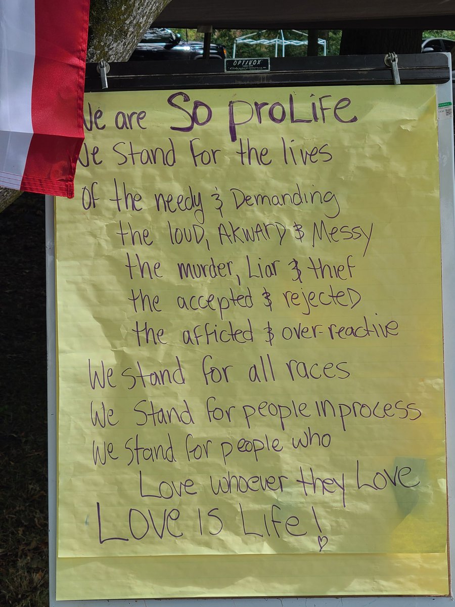The very kind people at  http://LoveTalks.baby  are set up between the park and the houseless encampment. They are the ones who set up the antihate signs.