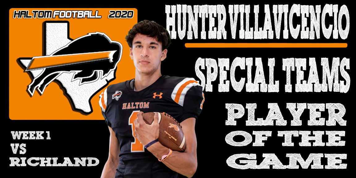 Coach_JWTucker's tweet photo. Hunter Villavicencio had a 47 yard punt average to go with his 38 yard FG to earn #HaltomFamily Football's Special Teams Player of the Game for Week 1. @HuntaThaPunter @HHSBuffNation @FootballHaltom https://t.co/tW5QQV0W1P
