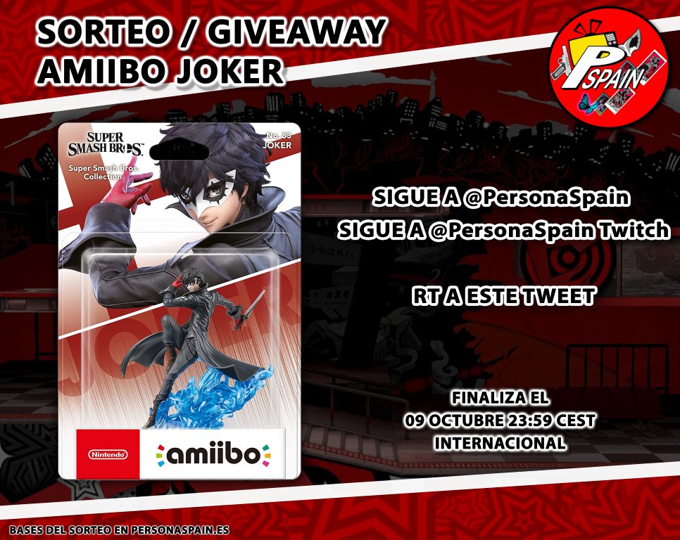 PersonaSpain's tweet photo. 🎉SORTEO / GIVEAWAY JOKER AMIIBO🎉

Pasos para participar:

➡️Follow @PersonaSpain
➡️RT a este tweet
➡️Follow en Twitch: https://t.co/EuLTDSgBma

Ámbito internacional.
Bases: https://t.co/3IZ236w99E

¡Suerte! 🤩 #SSBU #P5R #NintendoSwitch #sorteo #giveaway #gratis #RT #win https://t.co/h0l7FGpbW5