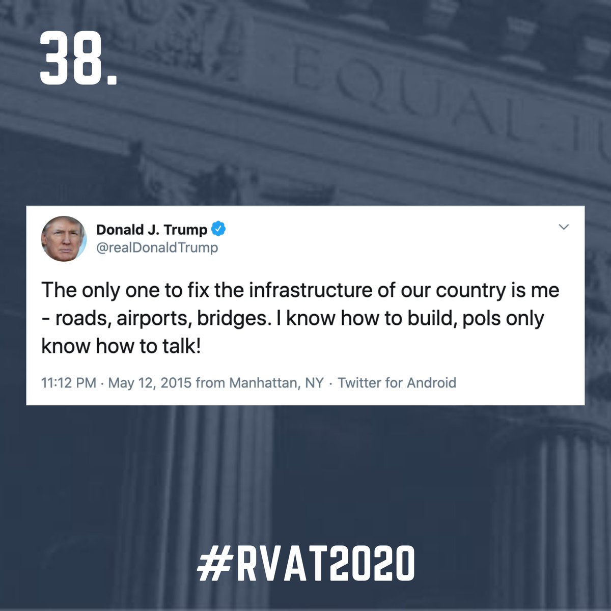 38. In May 2019, Trump withdrew his support for a $2 trillion infrastructure plan agreed upon by R's and Dems in Congress because of Democrats’ “phony investigations” of him. McConnell is currently blocking Senate consideration of a $1.5 trillion infrastructure bill.