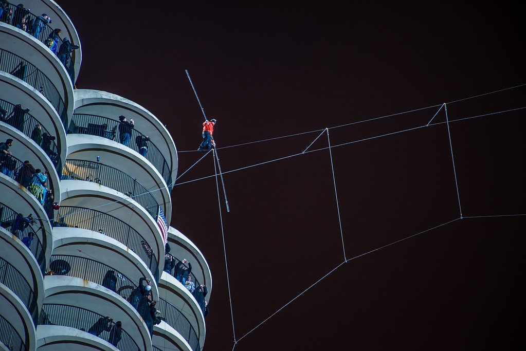 Nik is the holder of no fewer than 11 Guinness World Records, skywalking across the Grand Canyon, across the Chicago River via the Marina City Towers (BLINDFOLDED, BTW) and the longest skywalk via bicycle, cuz Let's All Die, I guess.