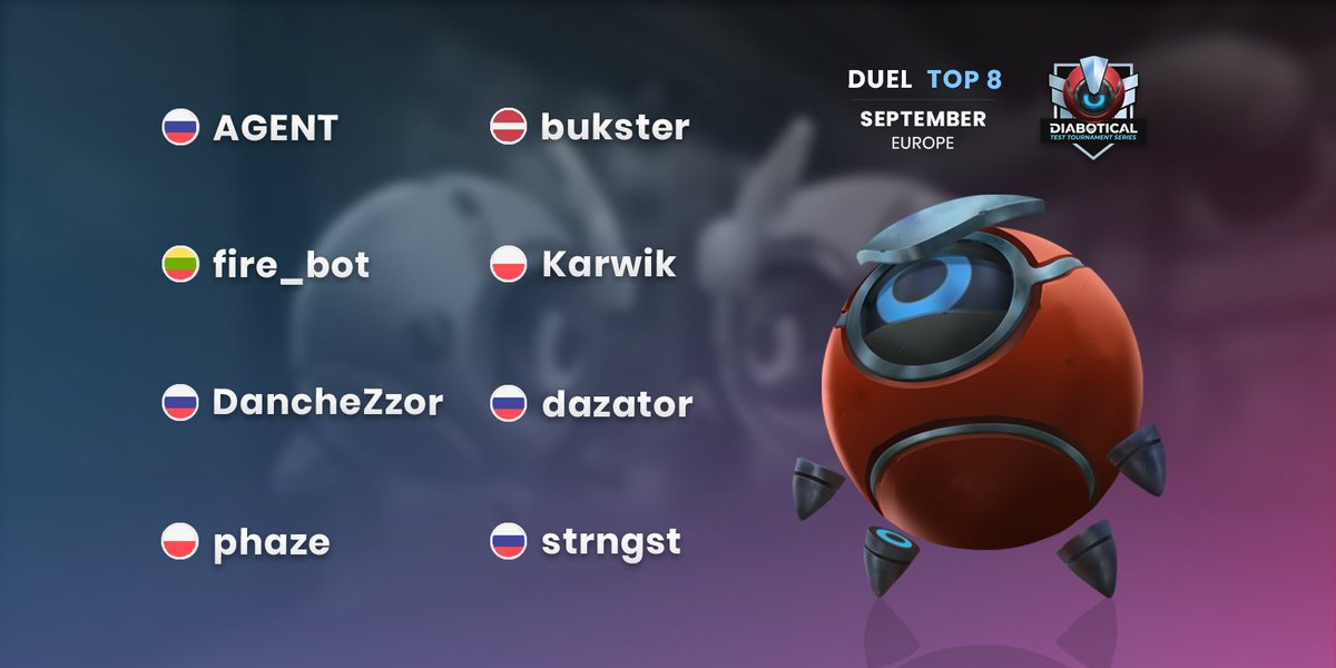 Diabotical Esports (@dbtesports) on Twitter photo The Top 8 for the European September Duel event is set!
π·πΊ <a href="/agentJkezooR/">ΠΠΈΠΊΠΎΠ»Π°ΠΉ</a>
π±π» bukster
π±πΉ fire_bot
π΅π± Karwik
π·πΊ <a href="/DancheZzor/">DancheZzor</a>
π·πΊ dazator
π΅π± <a href="/PHAZEOG/">phaze</a>
π·πΊ strngst
See you tomorrow @ 18:00 CEST / 12pm EST for the playoffs, live on twitch.tv/diabotical! The Top 8 for the European September Duel event is set!
π·πΊ <a href="/agentJkezooR/">ΠΠΈΠΊΠΎΠ»Π°ΠΉ</a>
π±π» bukster
π±πΉ fire_bot
π΅π± Karwik
π·πΊ <a href="/DancheZzor/">DancheZzor</a>
π·πΊ dazator
π΅π± <a href="/PHAZEOG/">phaze</a>
π·πΊ strngst
See you tomorrow @ 18:00 CEST / 12pm EST for the playoffs, live on twitch.tv/diabotical!