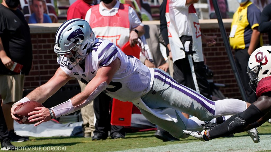 espn's tweet image. Since 2004, teams were 1-545 when trailing by 21+ vs AP top-5 teams.

Kansas State made it 2-545 👀