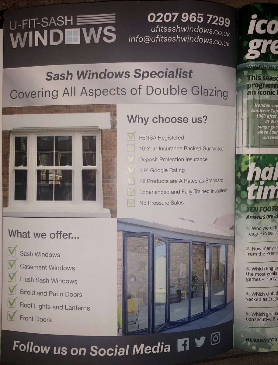 UFitSashWindows's tweet photo. Spot us in all @HendonFC home programmes this season. Looking forward to getting to a game soon⚽️ https://t.co/n3XmCB9vZM
