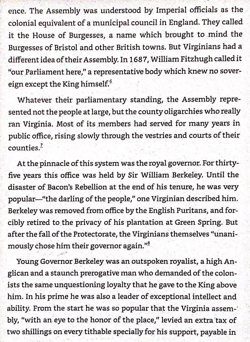 The county oligarchies which were organized into the House of Burgesses & dominated Virginia politics were voted in by landholders. House’s status was disputed - some said it was only answerable to the king, others that it was just a municipal council equivalent under Parliament.