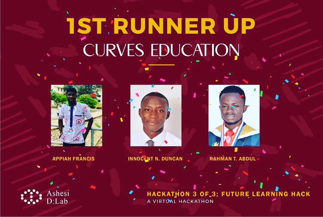 AshesiDesign's tweet image. Congratulations to Team @CurvesEducation for placing Second in the Future Learning Hack 3 of 3 💃🏾🎉🍾🍾🎉🎉🎉🎉

🏆Mentorship and advisory support to scale up the idea to market. 
-cash prize 

#dlabhacks
#FutureLearningHack
#VirtualHackathon
#DesignThinking
#OnlineLearning