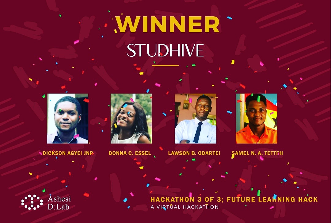 AshesiDesign's tweet image. Congratulations to Team STUDHIVE for winning Future Learning Hack 3 of 3 💃🏾🎉🍾🍾🎉🎉🎉🎉

🏆Mentorship and advisory support to scale up the idea to market. 
-cash prize 

#dlabhacks
#FutureLearningHack
#VirtualHackathon
#DesignThinking
#OnlineLearning
#TheNextBigThing