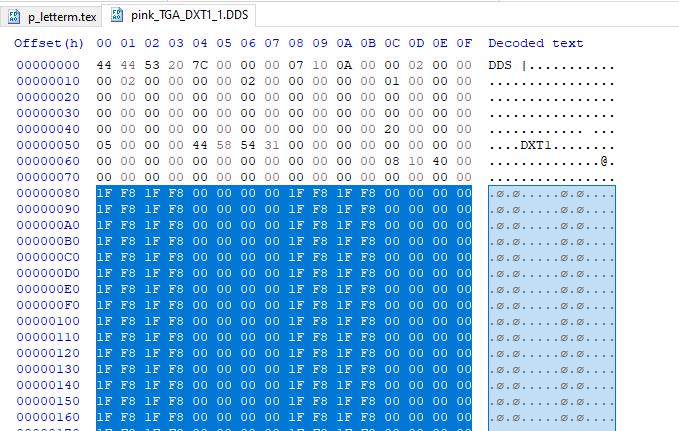 Then I did a header-swap:I copied all the bytes in the .DDS file from byte 0x80 onward: