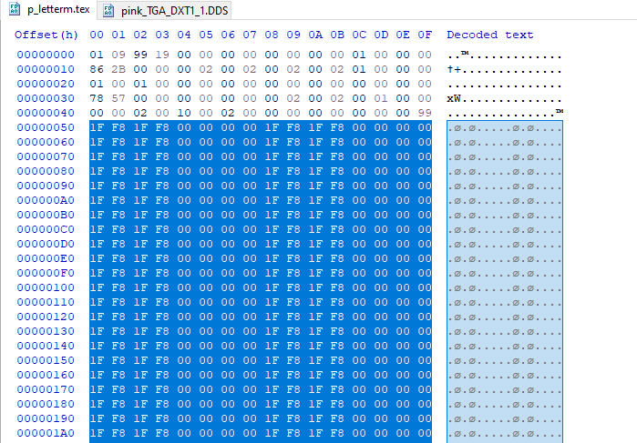 and replaced it over the bytes 0x50 onward in the .TEX file. This seems to have worked just fine.