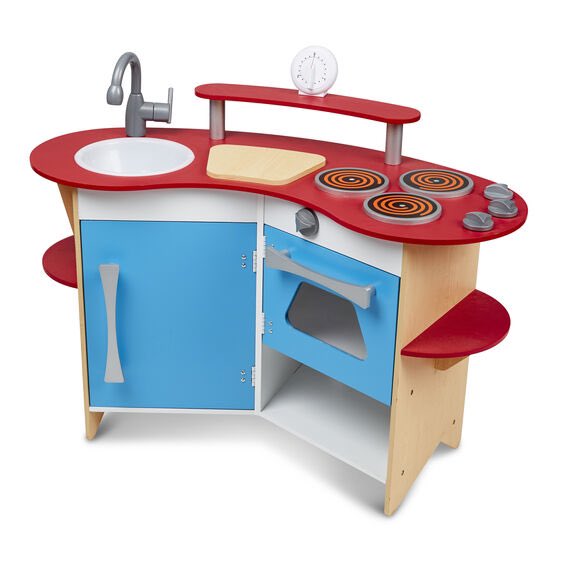 Retro futuristic, where Rosie might cook for the Jetsons. The child who plays with this kitchen is astonishingly good at times tables or obsessed with orangutans, maybe both.