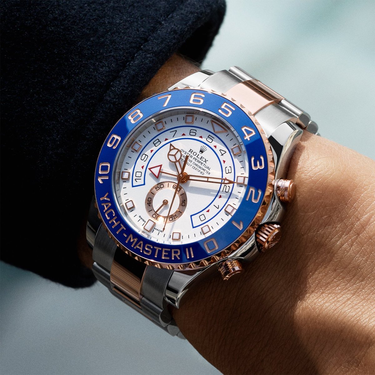 deutschlaredo's tweet photo. The watch of the open seas. The Rolex Yacht-Master II in Everose Rolesor, 44 mm case, white dial, Oyster bracelet. #Rolex #YachtMaster https://t.co/spVoPKdfID