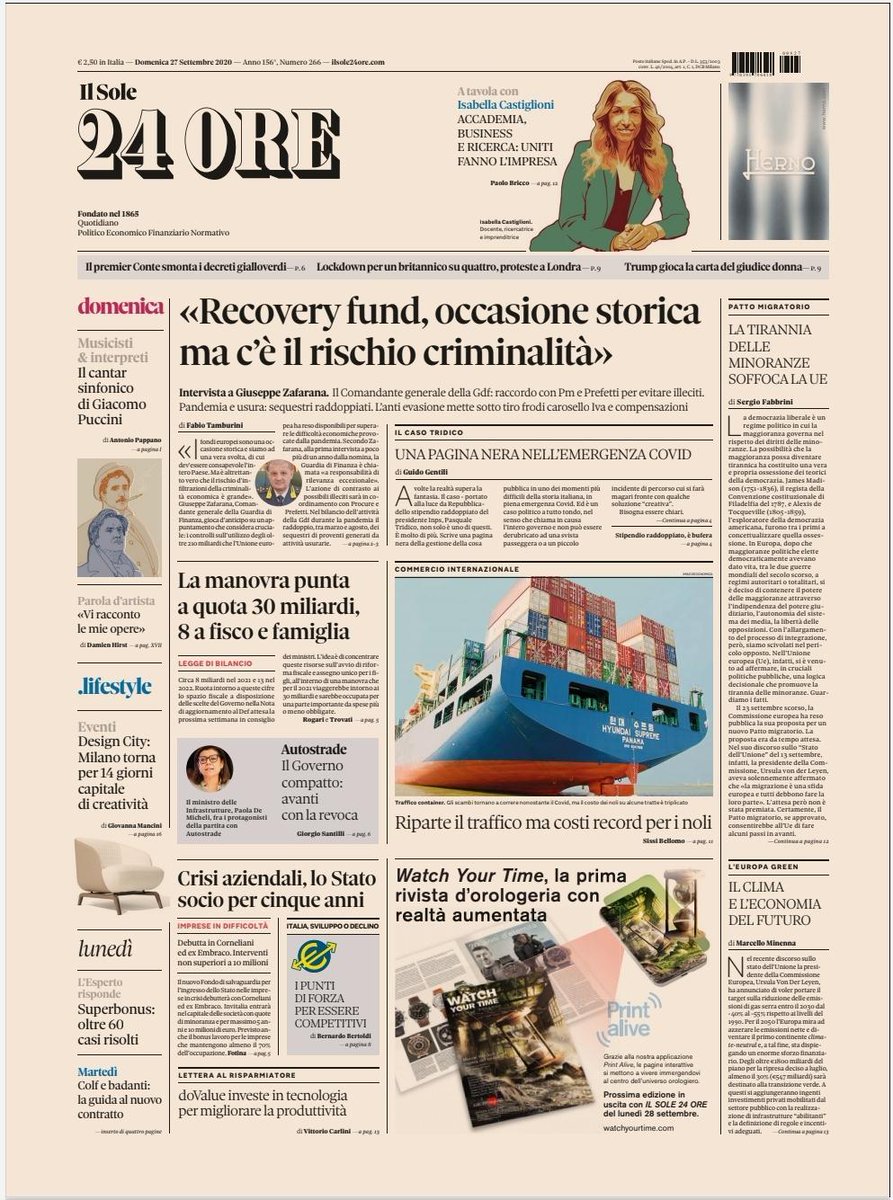 La ptima pagina del #Sole24Ore di #domenica #27settembre. In apertura intervista al nr.1 della #Gdf #Zafarana sul #RecoveryFund. La #manovra a quota 30 miliardi. E poi il caso #Tridico #Inps #clima #Ue e #superbonus110% #buonalettura #rassegnastampa https://t.co/xpAUtUY3zK