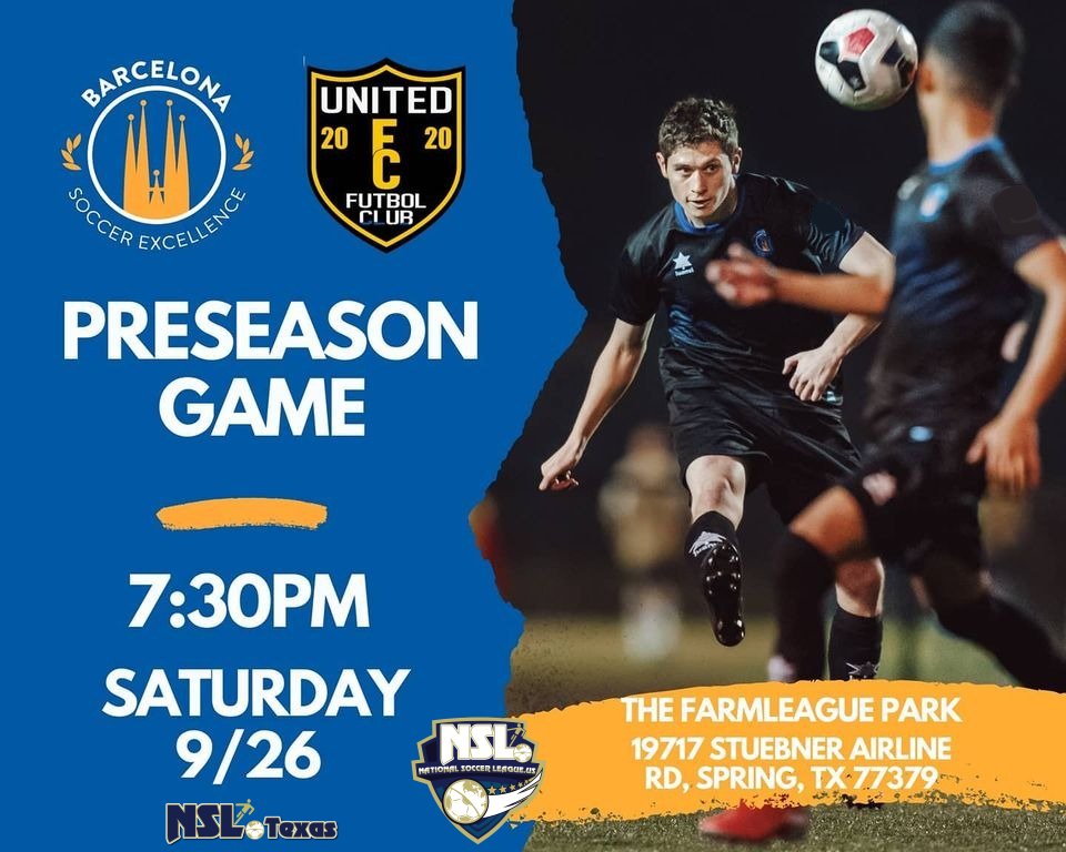 NSLLeague's tweet photo. NSL NEWS
National Soccer League US
::Pre Season Game::
::Saturday Soccer::
NSL 2020-2021 Season
NSL Premier Division
NSL Texas Houston Conf
Sat Sep 26 2020

BARCELONA SOCCER EXCELLENCE vs UNITED FC TEXAS

@NSLSoccerLeague
@NSLSoccer
@NSLPremier
@NSLTX
 @BSE_soccer
 @unitedfctexas https://t.co/abax29jR3G